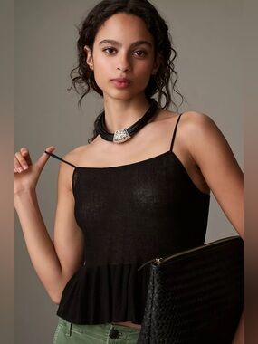 By Anthropologie Sheer Linen Babydoll Ruffle Sweater Tank Black NWT Size Medium